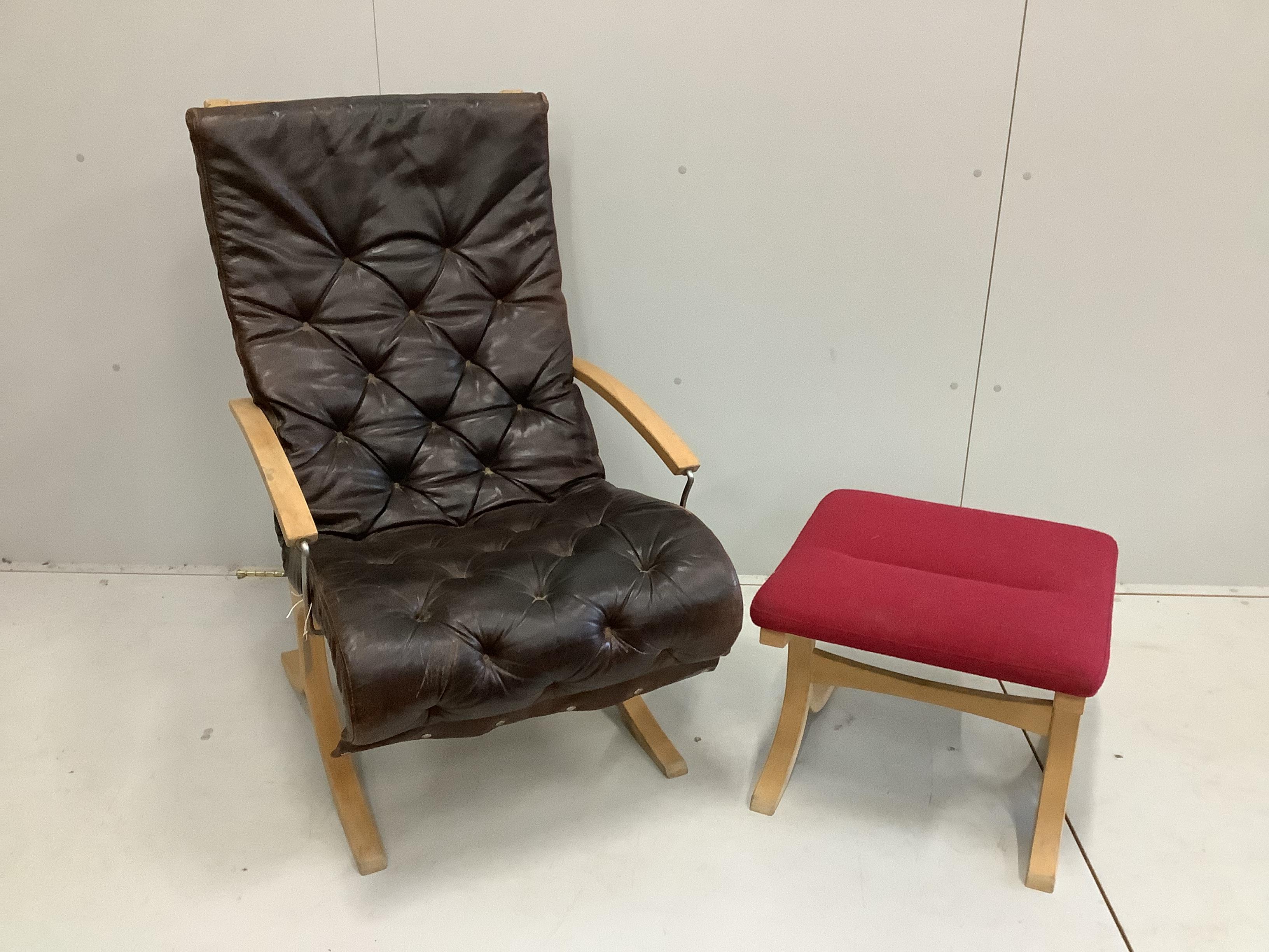 A Mogens Hansen chair frame, with later seat cushion, width 63cm, depth 73cm, height 104cm and footstool